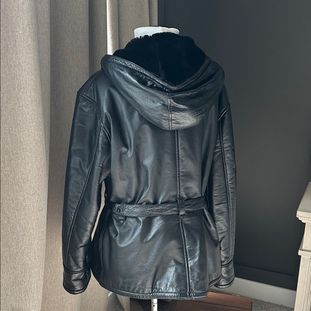 Wilsons Leather Hooded Jacket Womens Large Black Faux Fur Lined Belted Coat - Picture 8 of 13